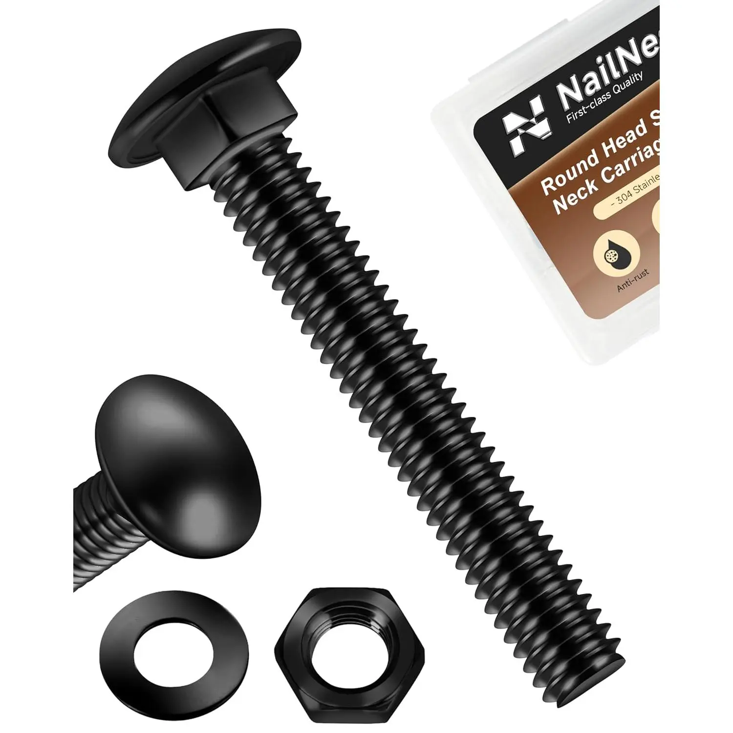 18Sets 1/4-20 x 2 Carriage Bolts Screws, 304 Stainless Steel Round Head Square Neck 1/4 Carriage Bolts and Nuts Kit with 1/4 Flat Washers, Fully Threaded Black Oxided