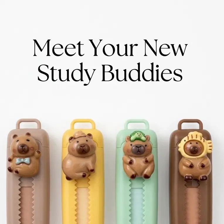 4-Piece Cute Capy Bara Retractable Erasers Back to School Cute Pastel Colored Kawaii Inspired Stationary Gift for Kids and Adults Key Chain Charm