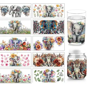 10 Sheets UV DTF Cup Wrap Transfer Stickers, 9.45x4.33 Inchs Watercolor Elephant Elephant Mandala Rub on Transfers Decal for 16OZ Glass Cups Furniture Craft Wood DIY Crafts