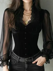 Women's Velvet Slim-Fitting Top with Lace Trim, Long Sleeve Button-Up Blouse for Spring & Fall, Elegant Casual Wear for Ladies Valentine's Day Shirts