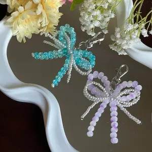 Double Bow Keychain With Beads and Charm - Handmade Design, Unique Handmade Item