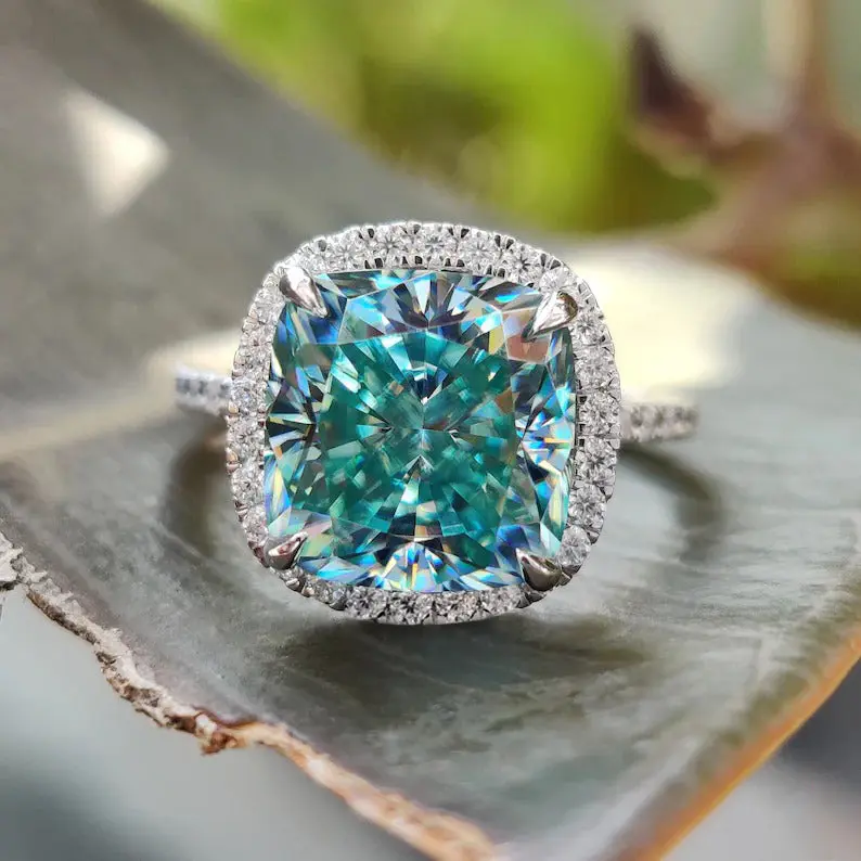 Maxine 5.0ct Cushion Cut Cyan Blue 5A Cubic Zirconia Engagement Ring - Halo Set, Sparkling Look, Women's Jewelry for Proposal, Wedding, Anniversary