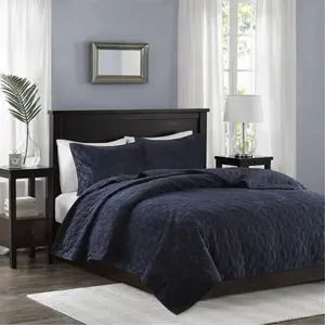 212 MAIN Madison Park Harper Velvet 3-Piece Coverlet Set - Velvet Fabric, Geometric Stitch, Quilted Look, King & California King Size Bed Fit, Navy