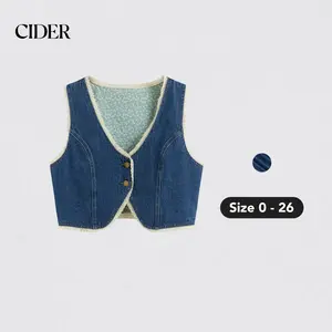 Cider [size 0-26] Denim V-neck Solid Contrasting Binding Button Crop Vest