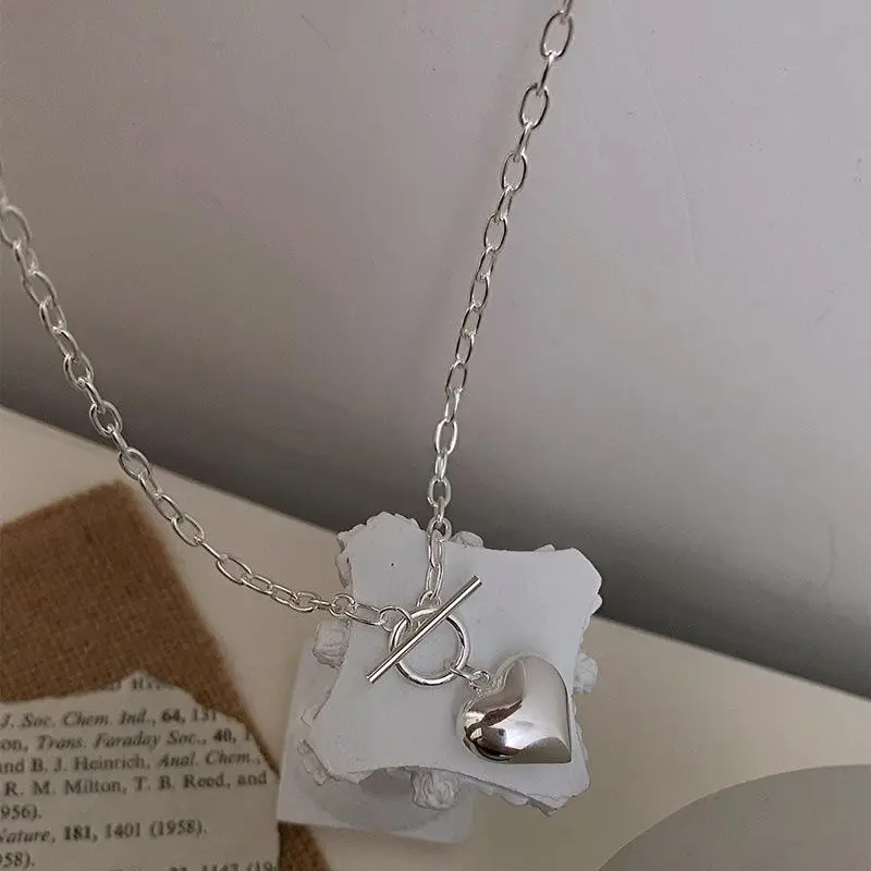 Vintage-style 925 silver heart necklace for couples – Hip-hop style heart-shaped collarbone chain with OT clasp.