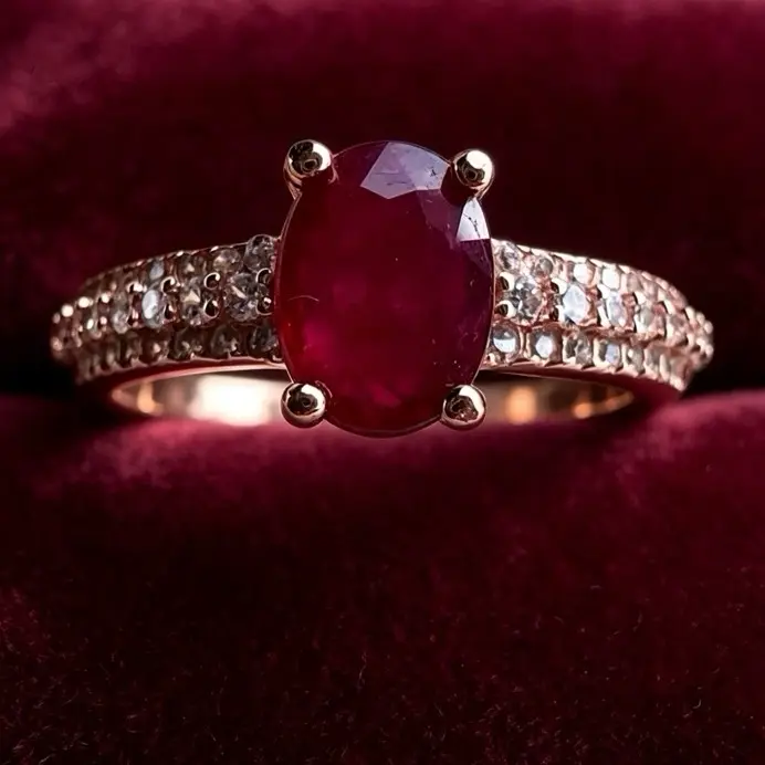 <PingEast jewelry > Ruby ring305----Elegant and radiant — this 925 sterling silver ring features a rose gold-tone pavé band and a stunning 5×7mm natural Burmese pigeon blood ruby in a classic four-prong setting. Certified authenticity included
