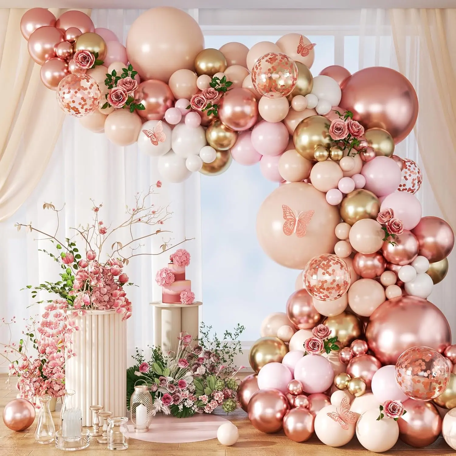 132pcs Rose Gold Balloon Arch Kit with Metallic, Pearl White, Nude & Confetti Balloons for Birthday, Wedding, Baby Shower, Bridal or Party Decor