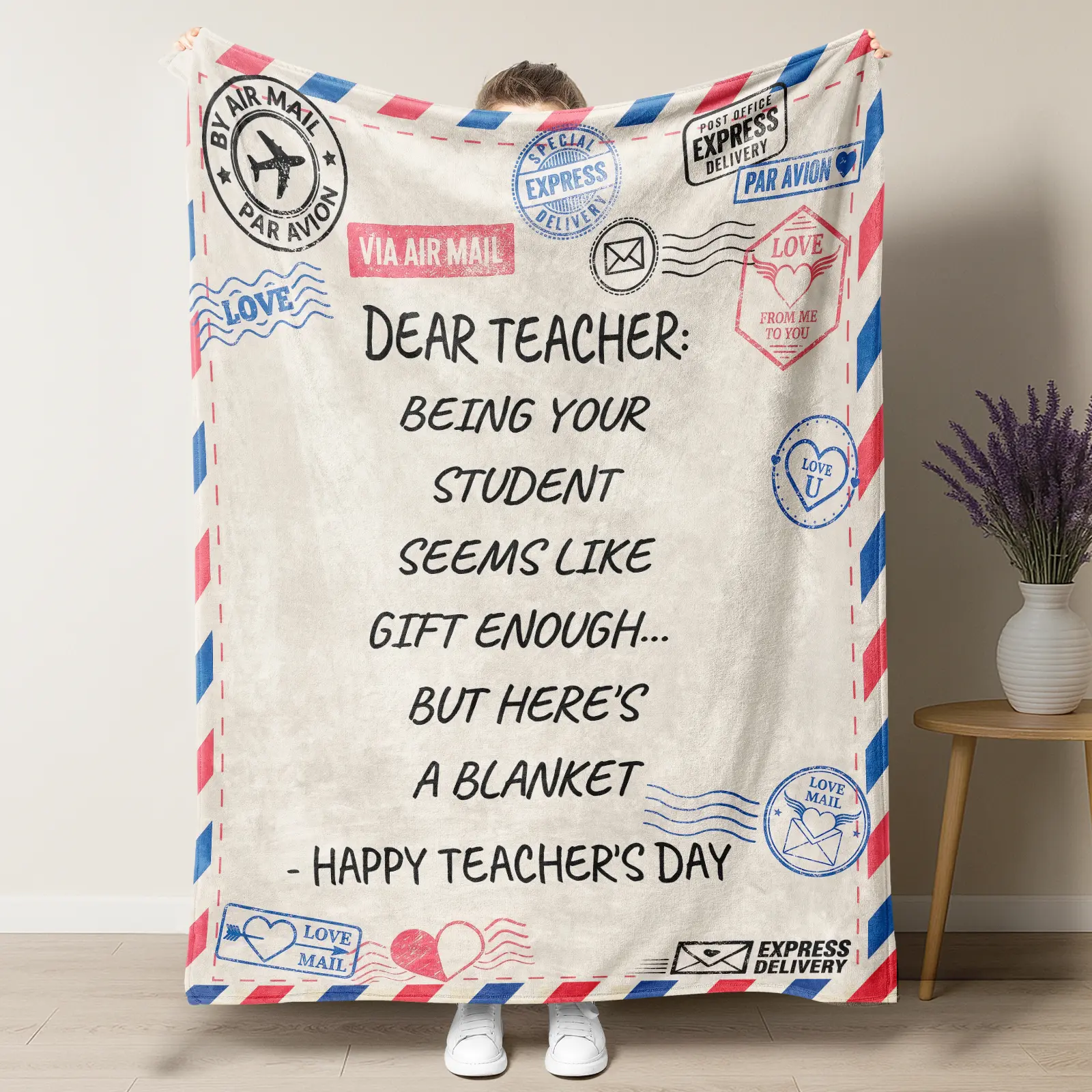 Teacher's Day Air Mail Thank You Fleece Blanket - Cute Postal Stamps & Letters Design Soft Touch Plush Throw, Ideal Appreciation Gift for Teachers, Suitable for Classroom, Indoor/Outdoor Use