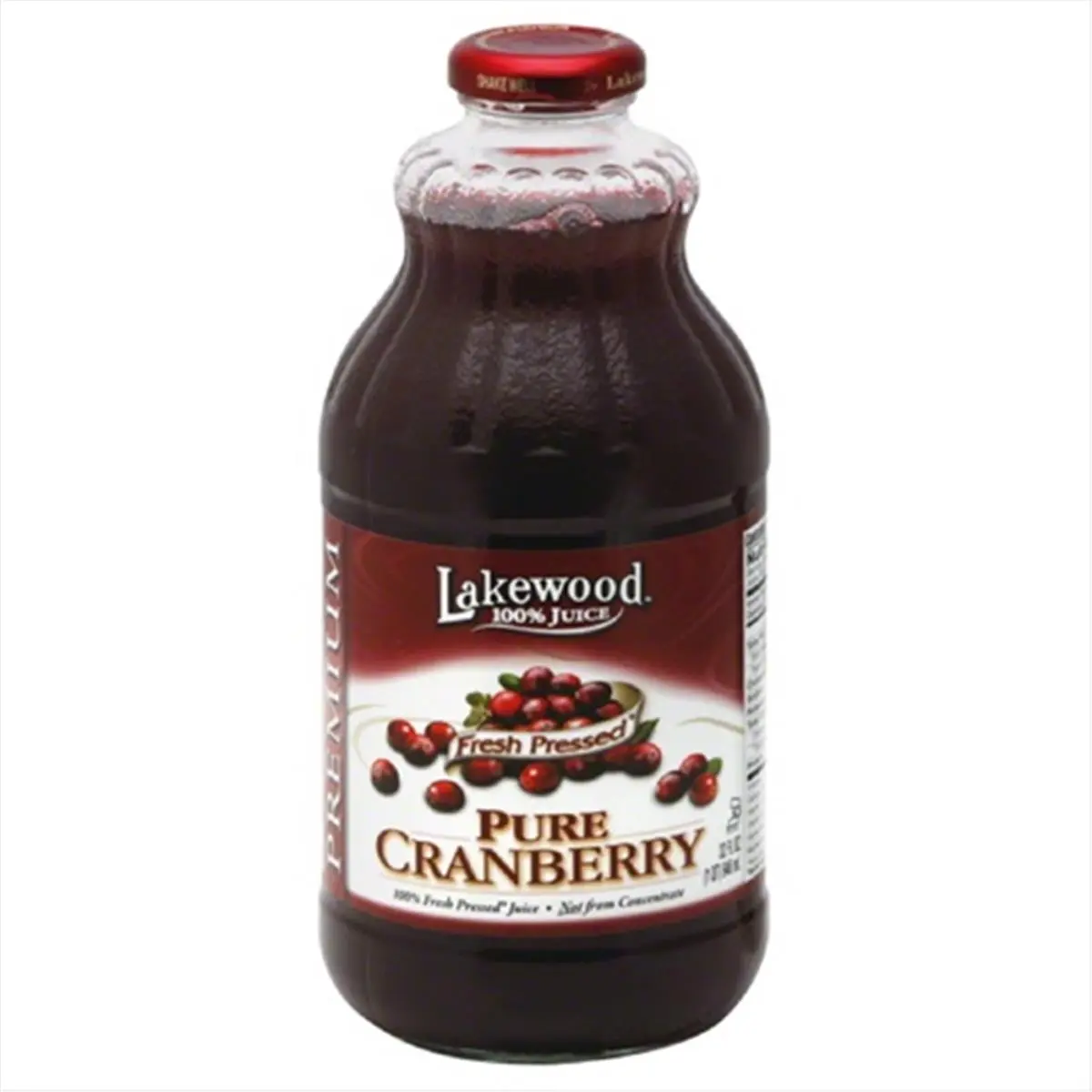 212 MAIN Pure Cranberry Fruit Beverage - Natural Gluten-Free Lakewood Juice with Fruit Servings, 32 Fl Oz, 6-Pack Large Containers