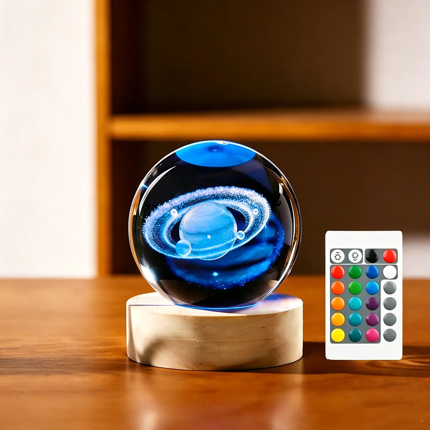 6cm 3D Saturn Crystal Ball Night Light with Remote, Wooden Base, USB Power, 16-Color Changing Smart Bedside Lamp – Crystal, RGB, Illuminated, Modern, Multichrome Novelty Lighting, Science Astronomy Gift for Teens, Crystal Novelty Lighting