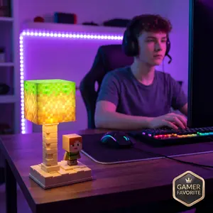 Grass Block Shaped Lamp with Villager 3D Design | LED Light Bedside Table Lamp | Essential for Video Game Themed Rooms | Home Decor Accessory