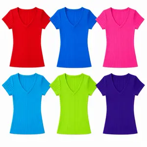 6PC Women's Ribbed Knit V-Neck T-Shirts, 6 Pack, Short Sleeve, Slim Fit, Soft & Stretchy, One Size Fits Most 9202