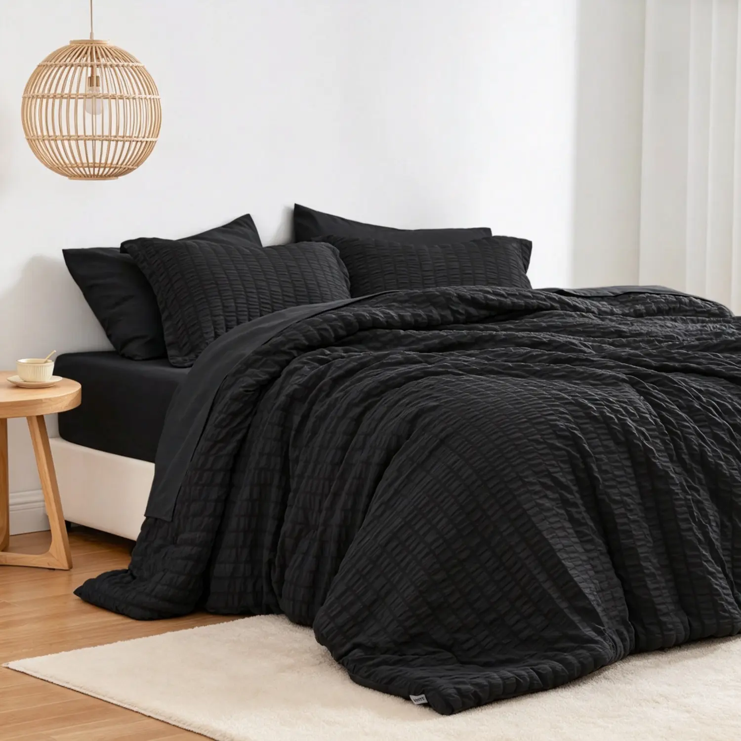 Seersucker Black Queen Comforter Set, 7PC All Season Lightweight Bedding Set in a Bag Comforter Set with Comforter, Flat Sheet, Fitted Sheet, Pillowcases and Shams