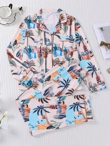 2-piece coconut tree art decorative set with long sleeve top and long pants, small pocket, buttons, soft, comfortable, skin-friendly, smooth closure, elastic waistband, suitable for all seasons casual homewear loungewear pajamas.