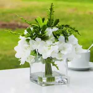 Enova Floral Mixed Artificial Silk Cream Hydrangea with Greenery Fake Flowers Arrangement in Glass Vase with Faux Water for Home Office Wedding Event Decoration
