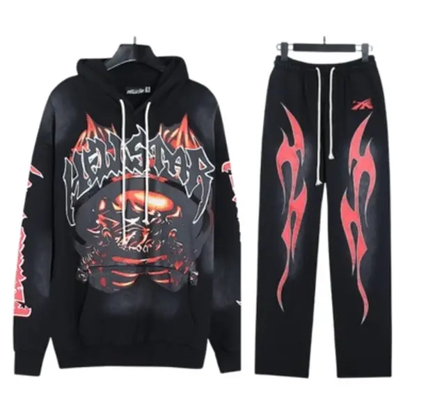 Hellstar Flame Black Tracksuit, Oversized Y2K Graphic Hoodie & Sweatpants Set, Streetwear Matching Outfit