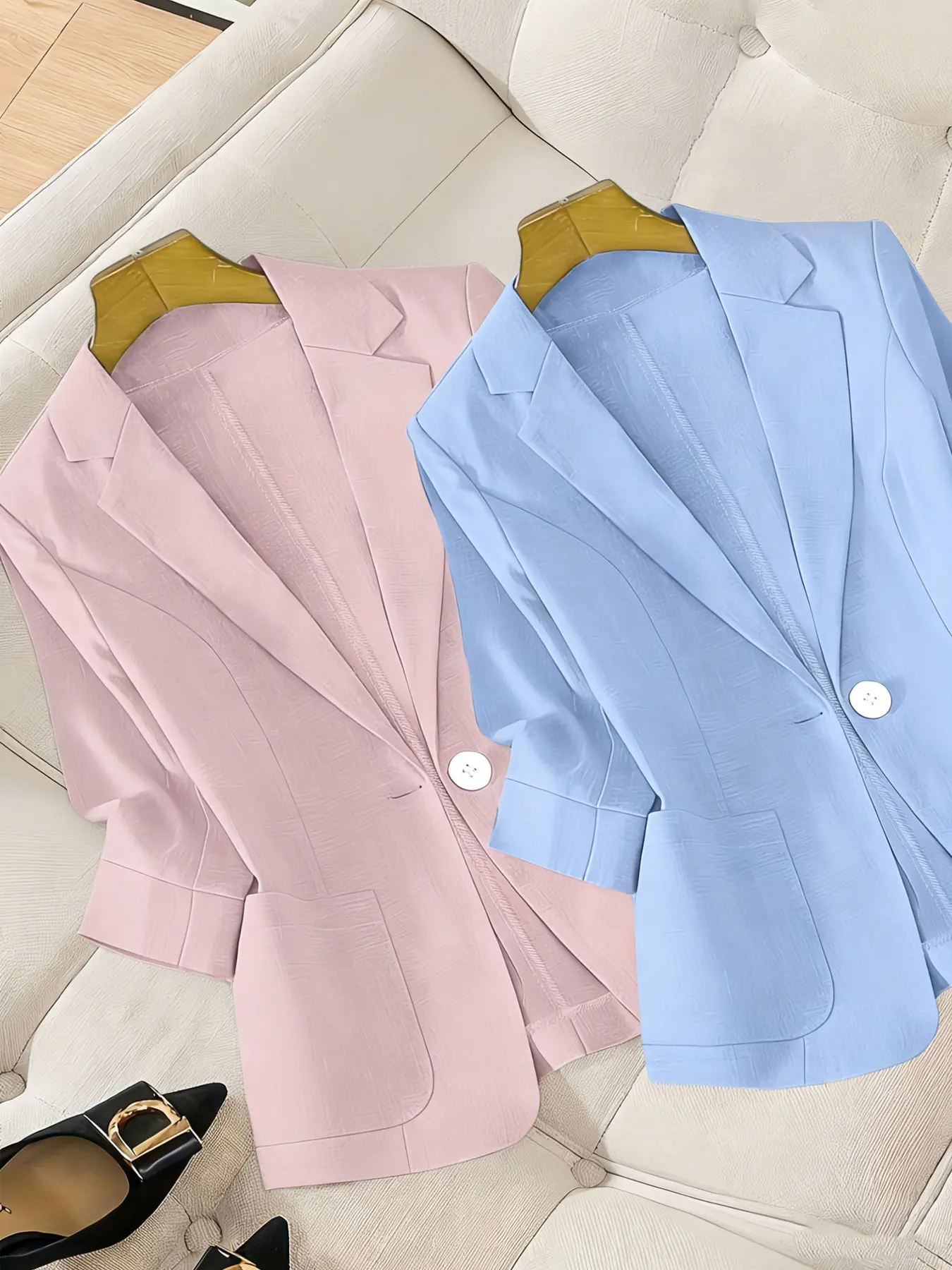 Women's two-piece plain color single-breasted double-pocket half-sleeve five-point suit jacket, suitable for spring and summer suitable for commuting outfit.