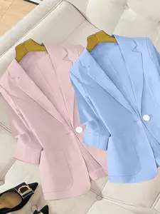 Women's two-piece plain color single-breasted double-pocket half-sleeve five-point suit jacket, suitable for spring and summer suitable for commuting outfit.