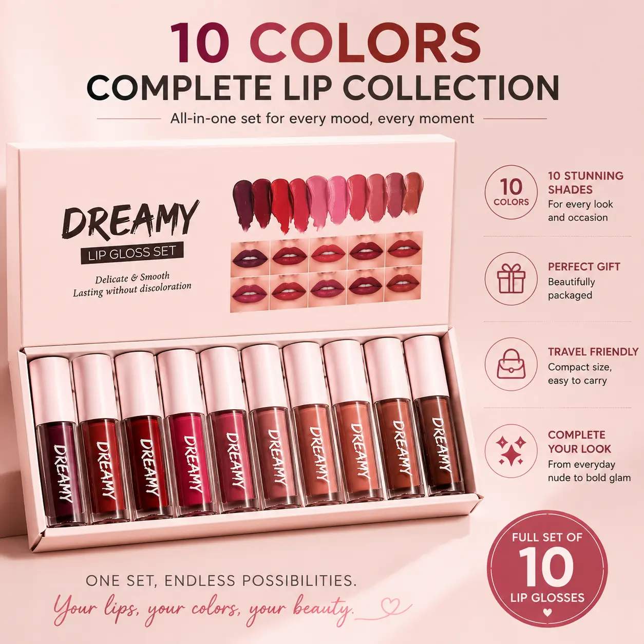 Ten shades of glossy lip glaze suitable for all skin tones, moisturizing, long-lasting, waterproof—ideal for everyday lip makeup. Lip Care Tinted