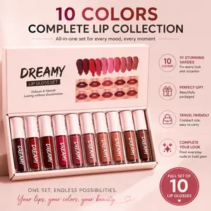 Ten shades of glossy lip glaze suitable for all skin tones, moisturizing, long-lasting, waterproof—ideal for everyday lip makeup.