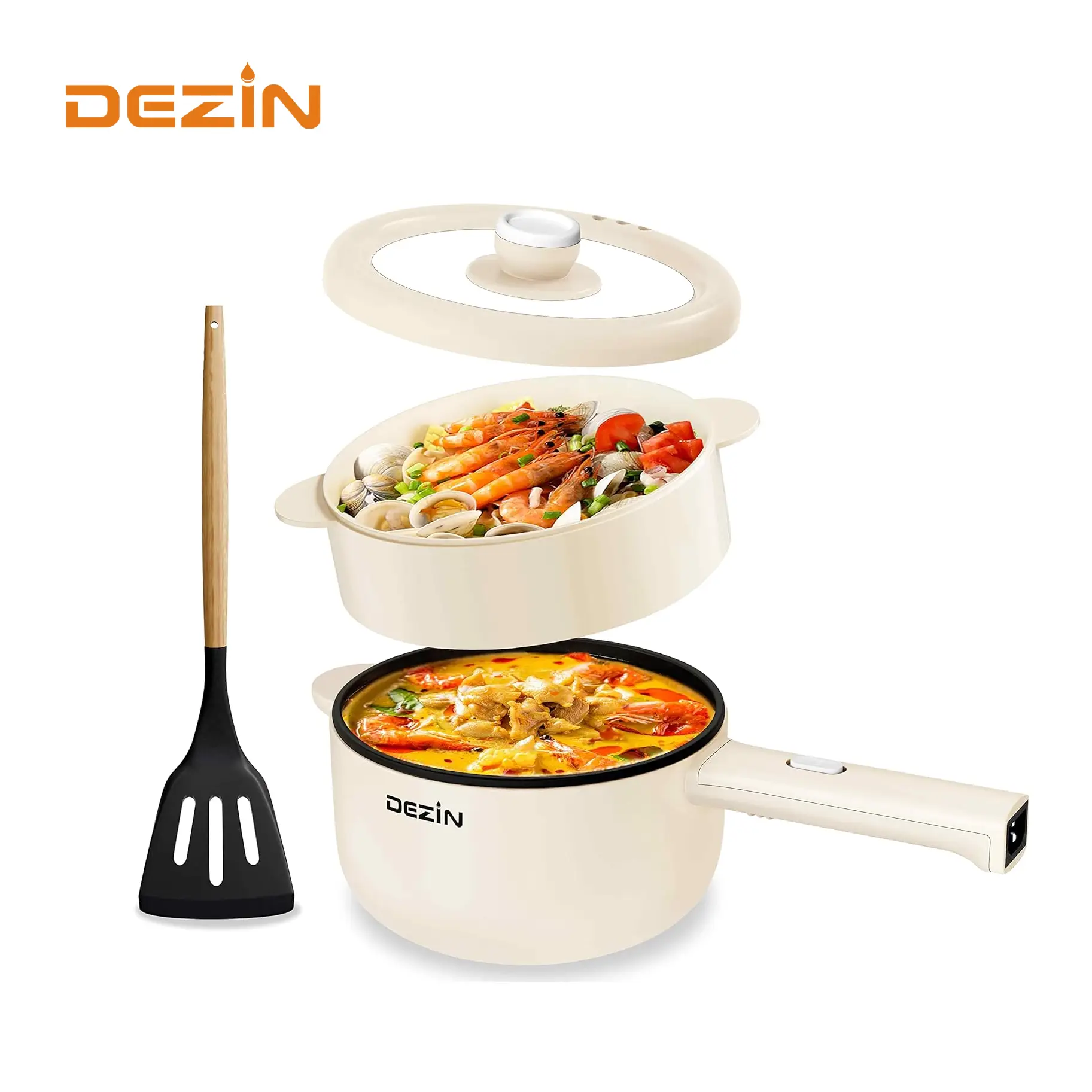 Dezin Portable Electric Hot Pot 2L with Power Adjustment, Mini Pot for Ramen, Includes Lid and Steamer,Steamboat Pan,Household Appliances