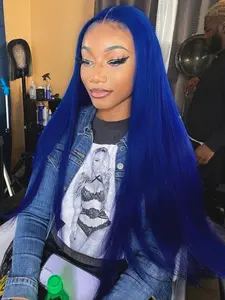 Navy Blue 13x4 Lace Front Wigs HD Transparent Lace Frontal Wig Pre-Plucked Natural Hairline Heat Resistant Synthetic Wig Free Part Wig Blue Concert Look Straight Wig Coachella Festival Look Perfect for Party Concert 28 Inches