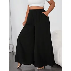 ��plus Size�� Solid Pocket Wide Leg Pants, Casual Comfy Trousers for Daily Wear, Women's Bottoms for Spring & Fall