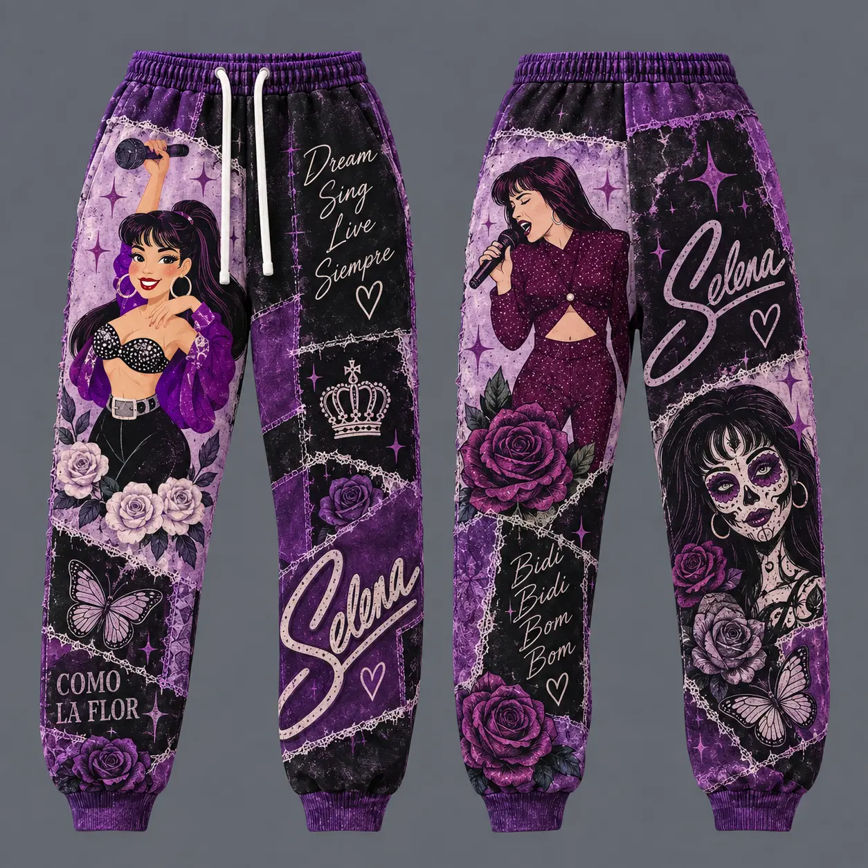 Selena Inspired Faux Patchwork Sweatpants, Purple Printed Patchwork Joggers, Como La Flor Graphic Pants, Music Fan Streetwear Gift