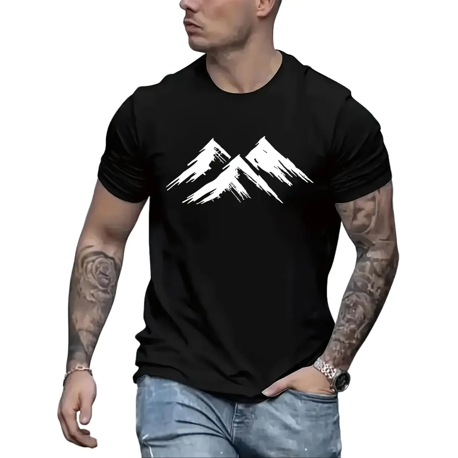 Men's Casual Regular Fit Micro Elastic Acid Washed Cotton Short-Sleeve T-Shirt - Outdoor-Style, Minimalist Painted Snow Mountain Silhouette, Custom Decal Letter Print, Round Neck, Comfortable Menswear Top, Short Sleeve Tee, Graphic