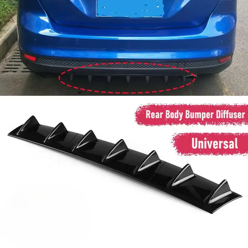 Universal Rear Bumper Lip Spoiler Shark Fins Spoiler Wing Lower Lip Diffuser Kit ABS Splitter, 7-Head Universal Black/Charcoal Grain 7 Fin Rear Bumper Lip Chassis Diffuser Spoiler Kit