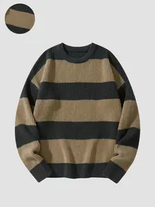 Men's Colorblock Striped Drop Shoulder Sweater, Loose-Fit Casual Long Sleeve Round Neck Knitwear for Fall & Winter Fashion Knitwear Tops