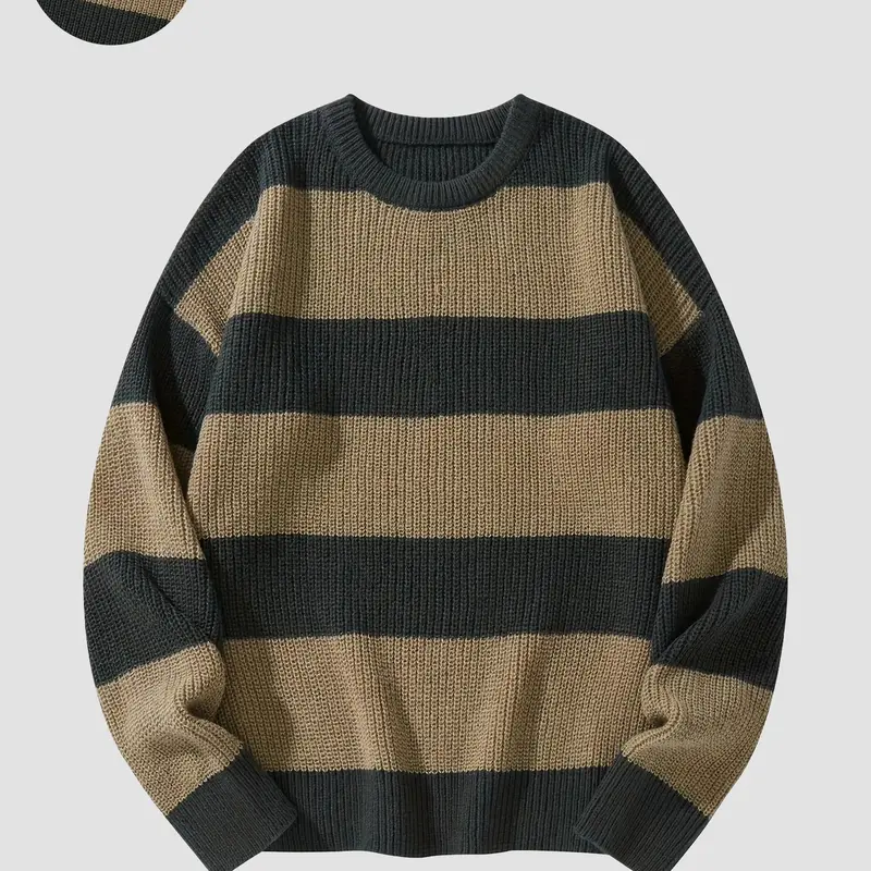 Men's Colorblock Striped Drop Shoulder Sweater, Loose-Fit Casual Long Sleeve Round Neck Knitwear for Fall & Winter Fashion, Colorblock Pullover