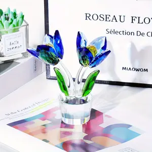 Crystal Tulip Sculpture| Pink And Yellow Gradient Flowers + Handmade Glass Green Leaves Valentine's Day/wedding Table Decoration| No Power Indoor And Outdoor Decoration Mother's Day Women Light Luxury Gift Box