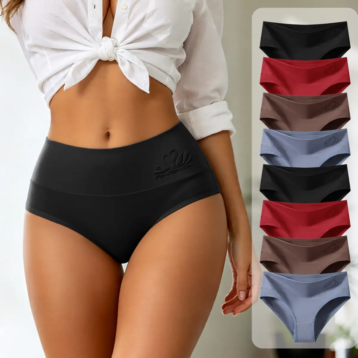 Hotcom Women's High-Cut Knicker Underwear Set – 8/4-Pack High-Waist Seamless Briefs, Breathable Cotton Panties for Everyday Comfort, Three-Sided Elasticity - Womenswear
