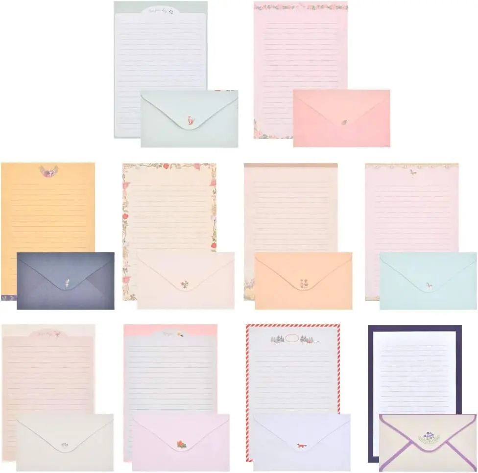 Stationery Letter Paper and Envelopes Set, 60 Sheets Cute Letter Writing Paper & 30 Lovely Envelopes, 10 Different Flora and Fauna Printed Design, Double-Sided Printing, A5 Size