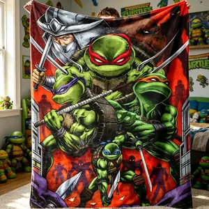 Ninja Turtles vs. Samurai Battle Theme Cartoon Poster Style Blanket A warm nap blanket Suitable for use in offices, sofas, and travel settings, etc. Suitable for all four seasons A gift suitable for fans, friends and children