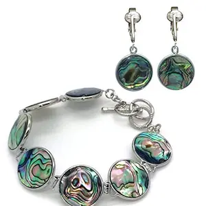 Round Abalone Paua Bracelet and Clip On Dangling Earrings Set