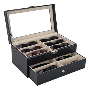 Leather Material 12 Pieces Glasses Storage Box Sunglasses Glasses Display Drawer Lockable Storage Box Black