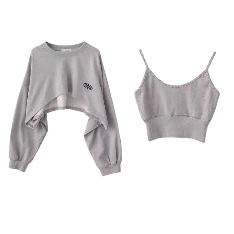 Casual Two-Piece Set: Cropped Drop-Shoulder Sweatshirt + Camisole Top - Perfect for Streetwear Looks & Laid-Back Hangouts