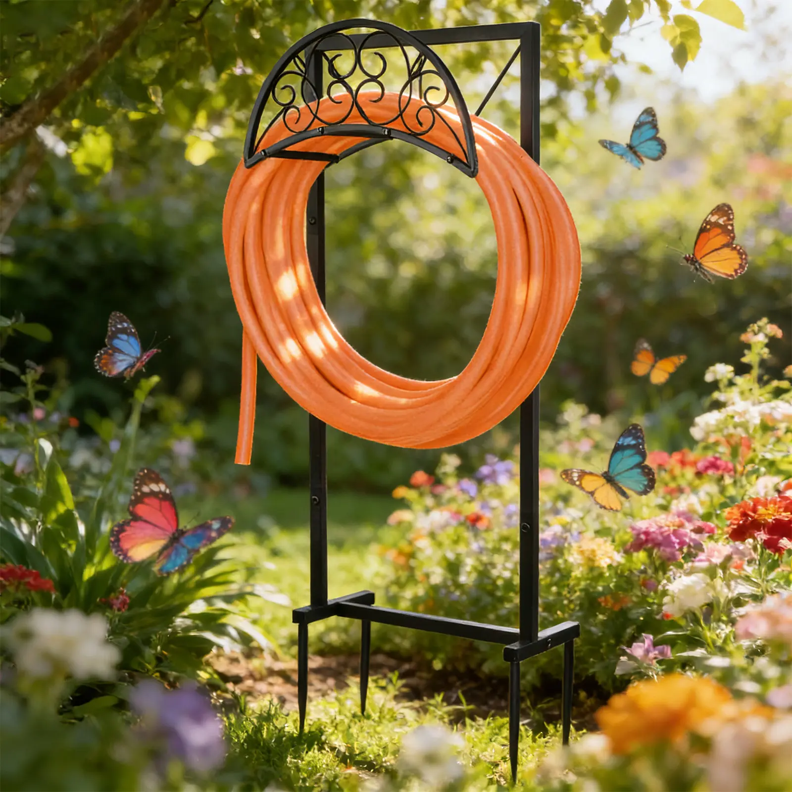 SENROB Heavy-Duty Freestanding Garden Hose Holder Stand, 150FT Capacity Storage Rack with Reinforced 4-Spike Stable Base, Outdoor Gardening Supplies