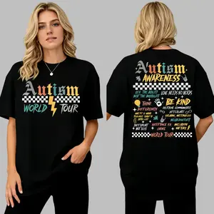 Unisex "Autism Awareness World Tour" printed T-shirt, vintage rock tour design, autism acceptance and neurodiversity pattern T-shirt, casual loose-fit crew neck top, street style