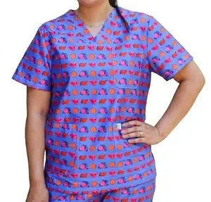 Fruit Machine Print Nursing Scrub Top – Unisex V Neck Medical Uniform & Fun Pattern Healthcare Workwear