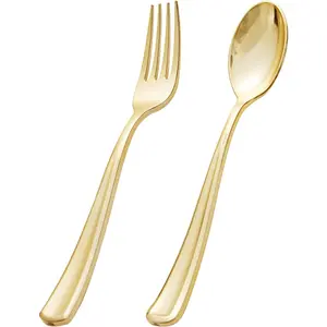 200-Piece Heavy Duty Disposable Cutlery Set-100 Gold Plastic Forks, 100 Gold Plastic Spoons For Catering,Parties,Dinners,Weddings