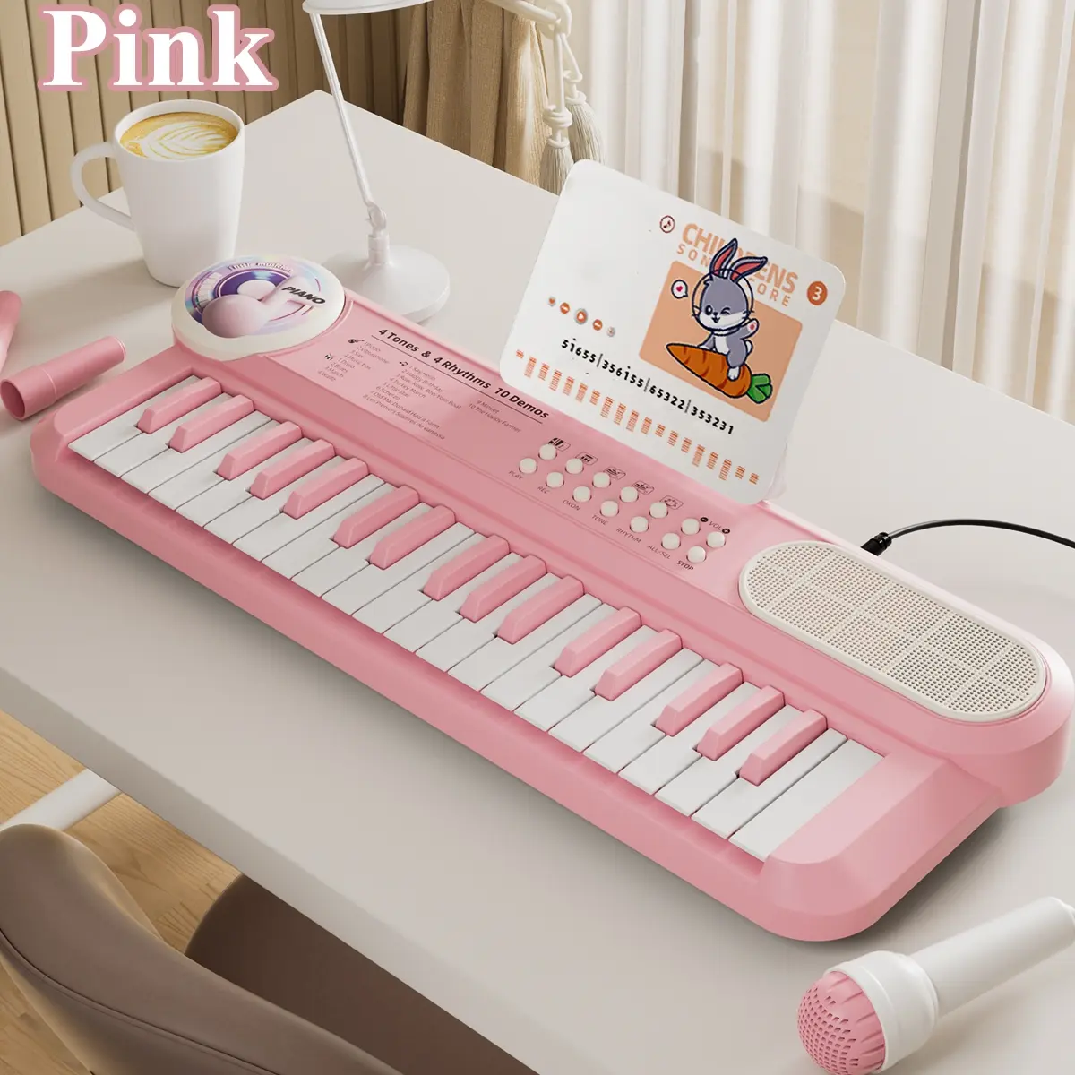 Music Education Toy, 37 Key Multifunction Keyboard Instrument with Microphone, Sheet Music Stand, DIY Stickers, 10 Songs 5 Instruments Sounds