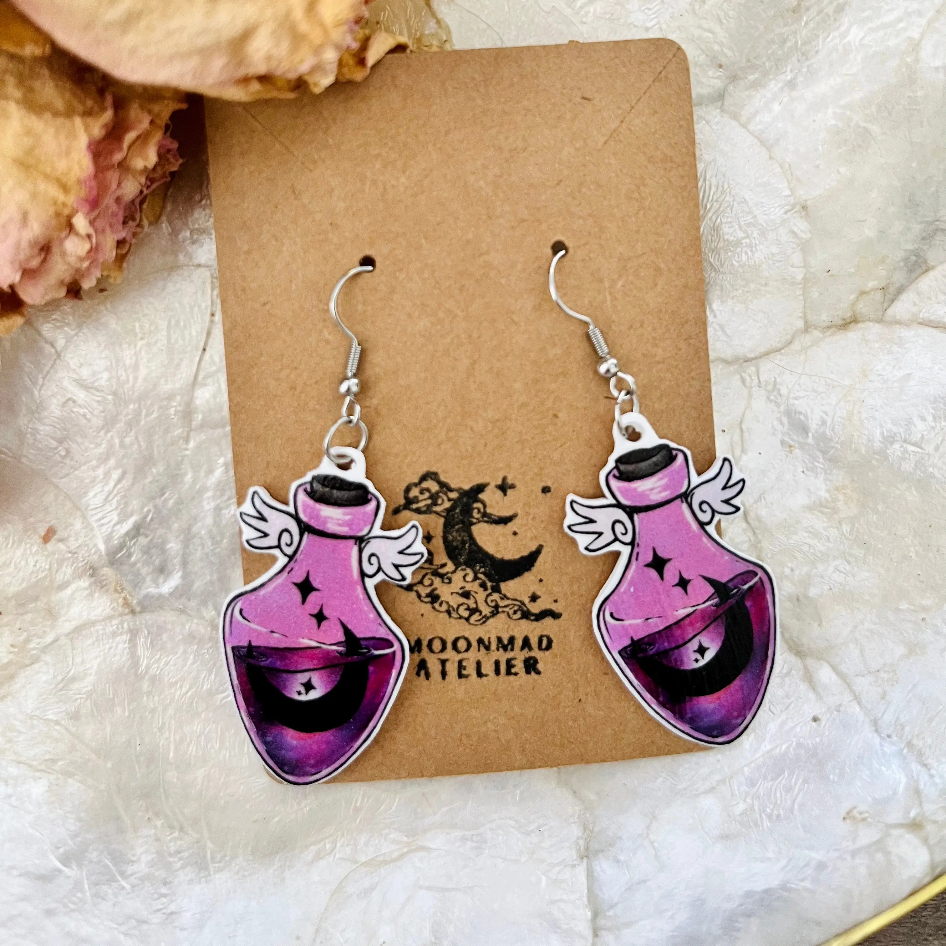 Celestial magical potion dangle shrink plastic earrings - witchy aesthetic inspired