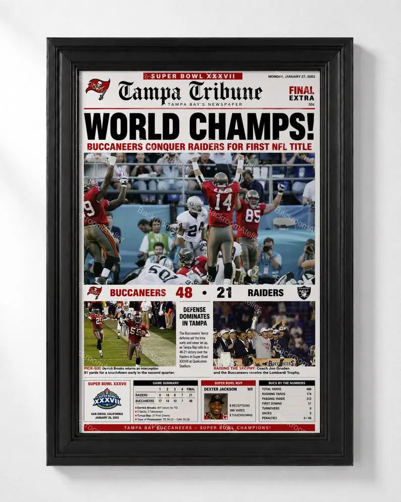 Tampa Bay Buccaneers Bowl XXXVII Newspaper Poster, Vintage Championship Sports Wall Art, Fan Gift Decoration Print for Home Decor, Artwork