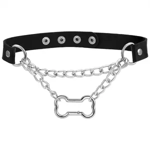 Gothic Bone Choker Necklace: Women's Adjustable Black Leather Punk Collar with Slip Chain Rock Style Fashion Accessory for Halloween Costume