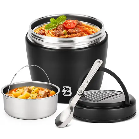 TSAKBAM 40oz Wide Mouth Heavy-Duty Stainless Steel Lunch Box - Leakproof Insulated Food Container, Thermal Meal Prep Jar/Organizer with Foldable Portable Spoon for Gym, Work Lunch, Adult Hot/Cold Food, Meal Prep Organizer