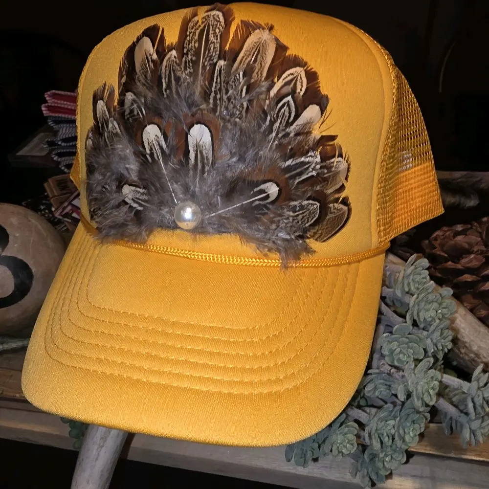 Unisex Fit Pheasant Feather Trucker Hat, Bright Golden Yellow, Casual Daily Wear for Stylish Everyday Look