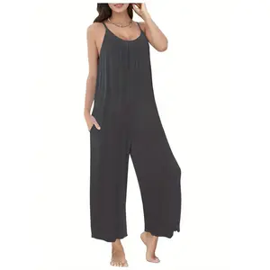 Women's Loose Sleeveless Romper, Casual Strap With Pockets, Adjustable Straps, Stretch Wide Leg Romper